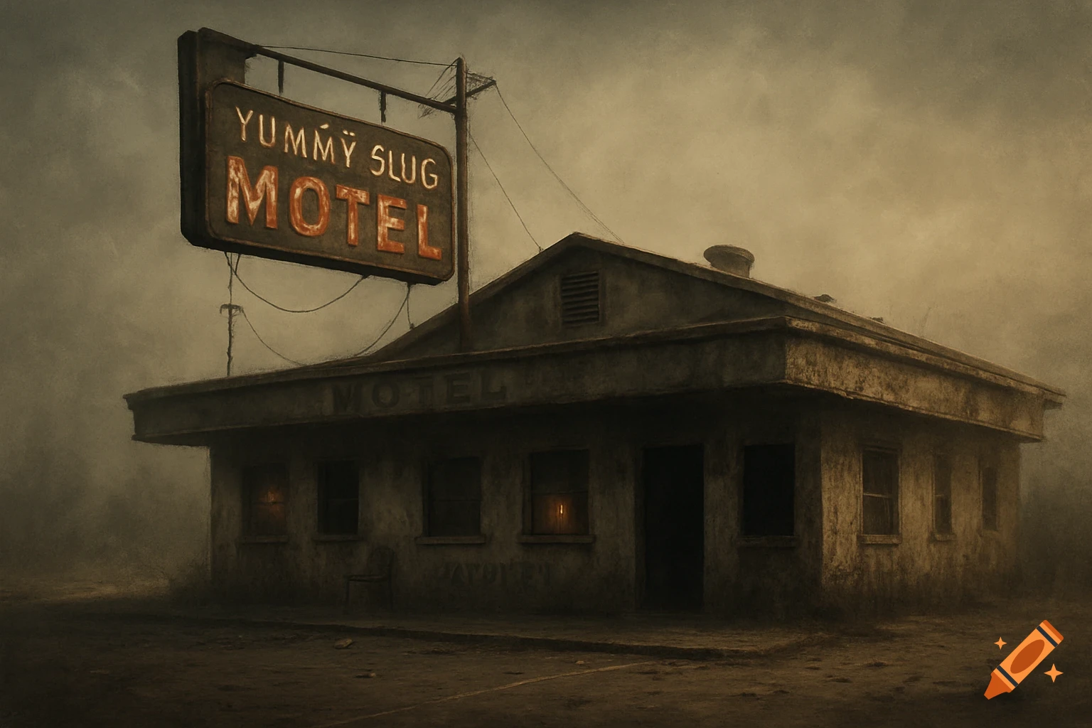 A dirty, dilapidated motel building stands under a dreary sky, featuring a sign that reads 'YUMMY SLUG MOTEL'. The scene has a grunge aesthetic.