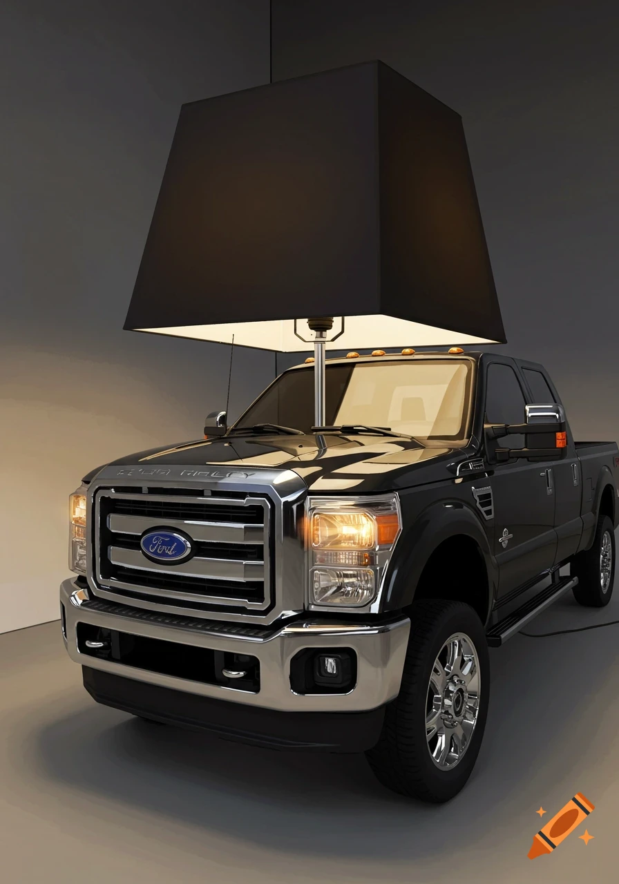 Photorealistic image of a black Ford F-Series pickup truck with a large black square lampshade on its roof, functioning as a floor lamp in a dim room.
