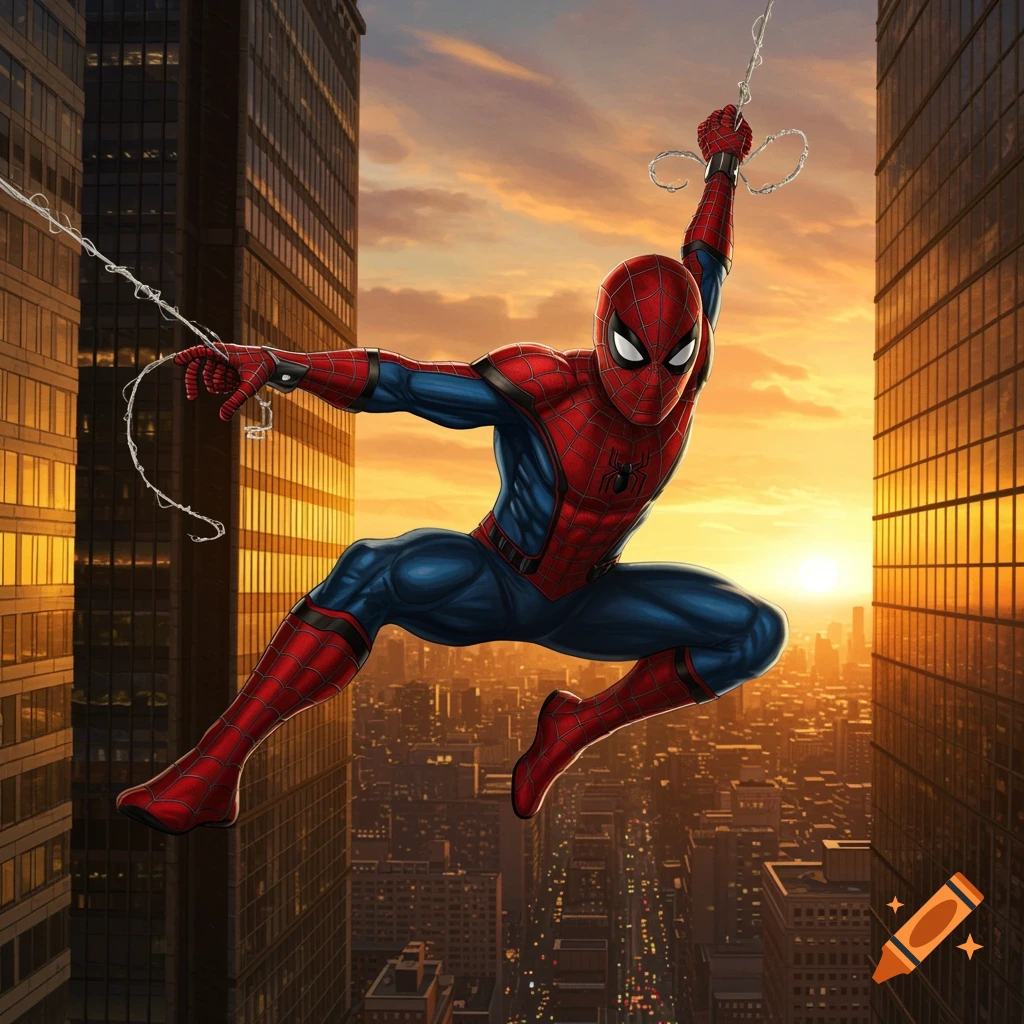 Spiderman in his iconic red and blue suit swings through a city at sunset, web-slinging between tall buildings.