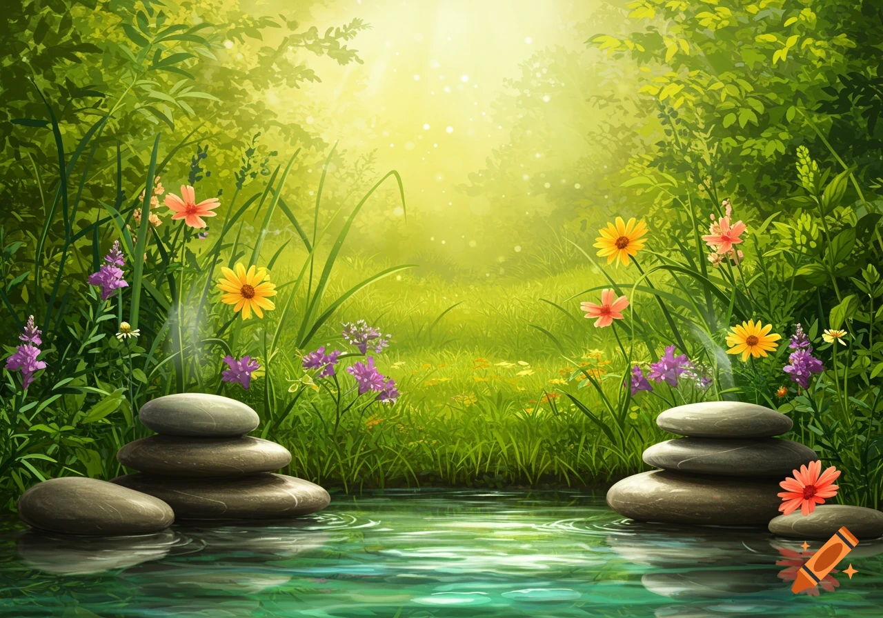 A vibrant illustration of a sunlit forest with colorful wildflowers and stacked stones by a tranquil pond.