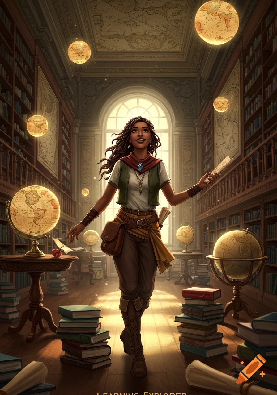 A smiling woman with dark curly hair in adventurous attire stands in a grand library with tall bookshelves, globes, and mystical floating orbs.