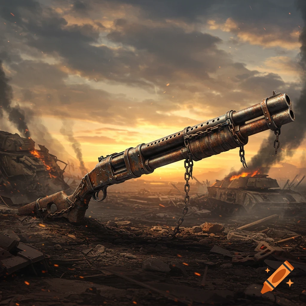 A detailed, rusted combat shotgun with chains lies on war-torn rubble at sunset, with burning tanks in the background.