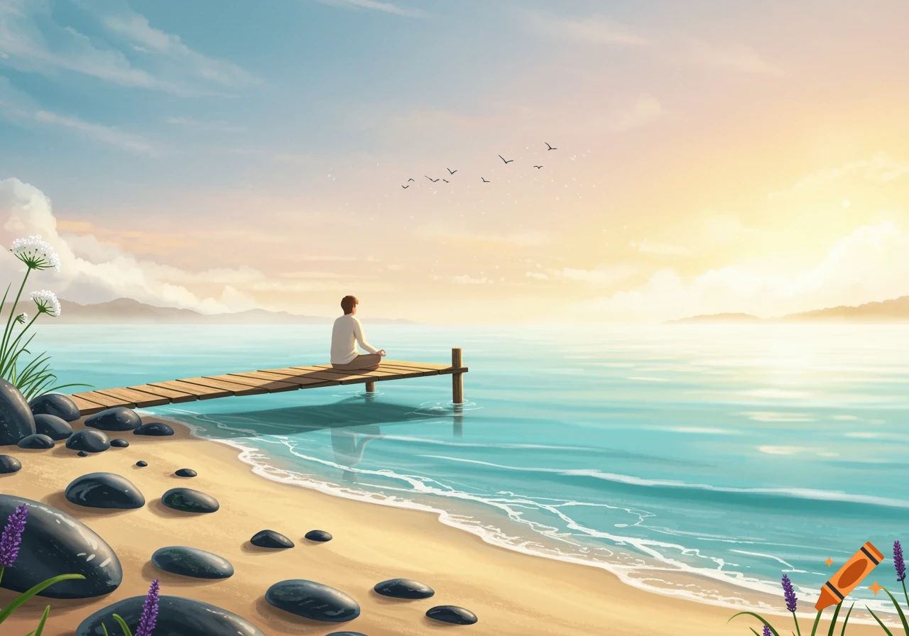 A person meditates on a wooden pier over a calm, blue-green ocean at sunrise. A sandy beach, rocks, and plants are in the foreground.