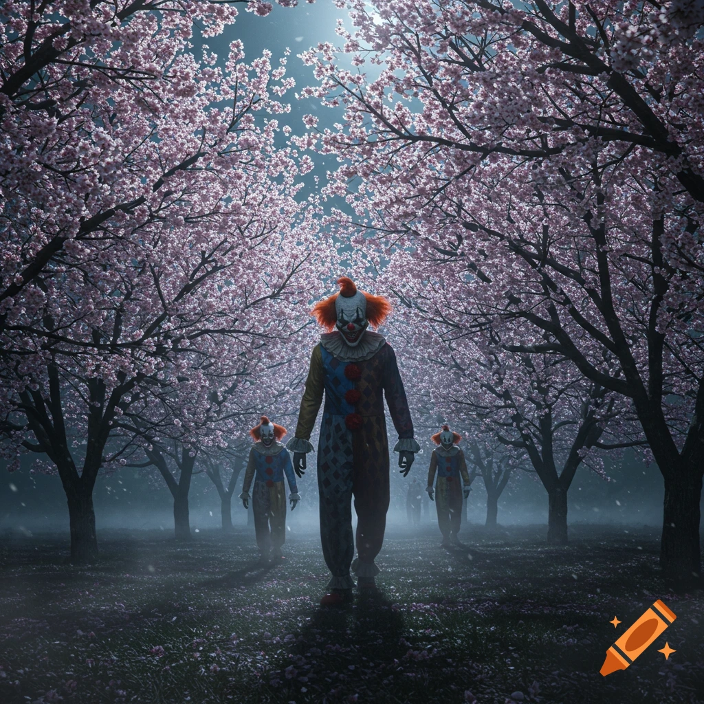 Three terrifying clowns with orange hair and painted faces walk through a dark, moonlit cherry blossom orchard.