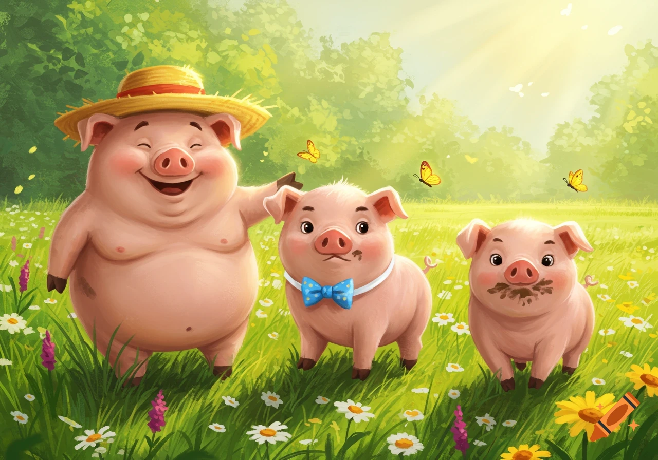Three happy cartoon pigs, one in a straw hat and one in a blue bow tie, stand in a sunny green field with flowers and butterflies.