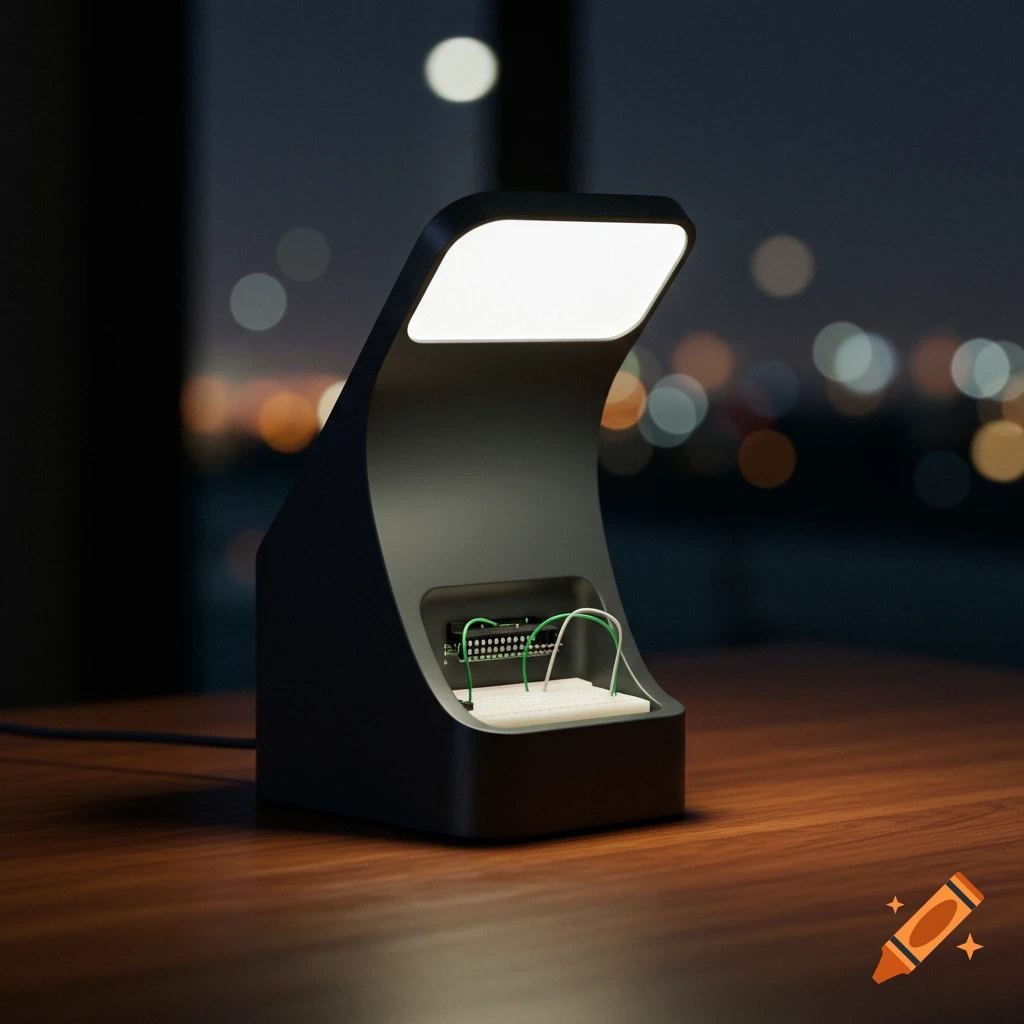 A sleek black night lamp base with an integrated breadboard circuit, featuring an illuminated top, on a wooden desk with city lights in background.