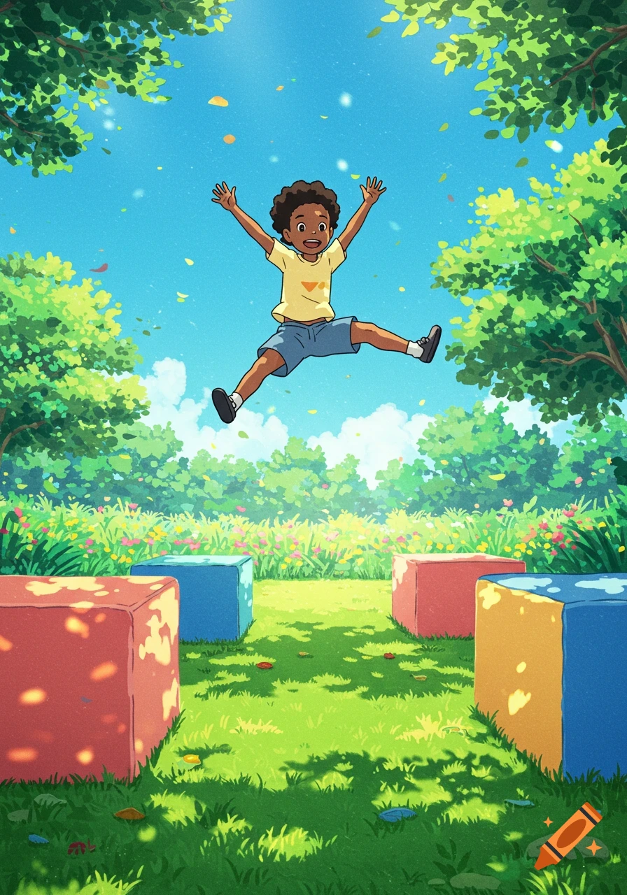 An African American child jumps in the air above green grass and colorful blocks in a vibrant Studio Ghibli anime style.