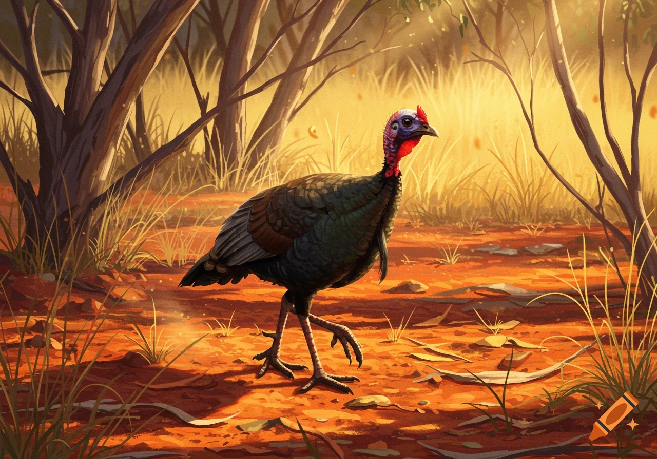 A wild turkey walks through a sunlit, arid bushland with sparse trees and dry grass.