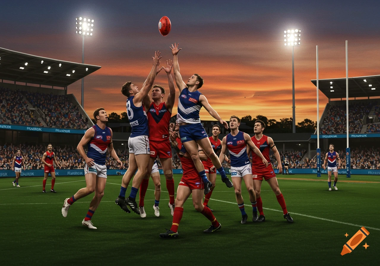 A dynamic shot of Australian Rules Football players in red and blue jerseys jumping to catch the ball mid-air during a game in a stadium at sunset.