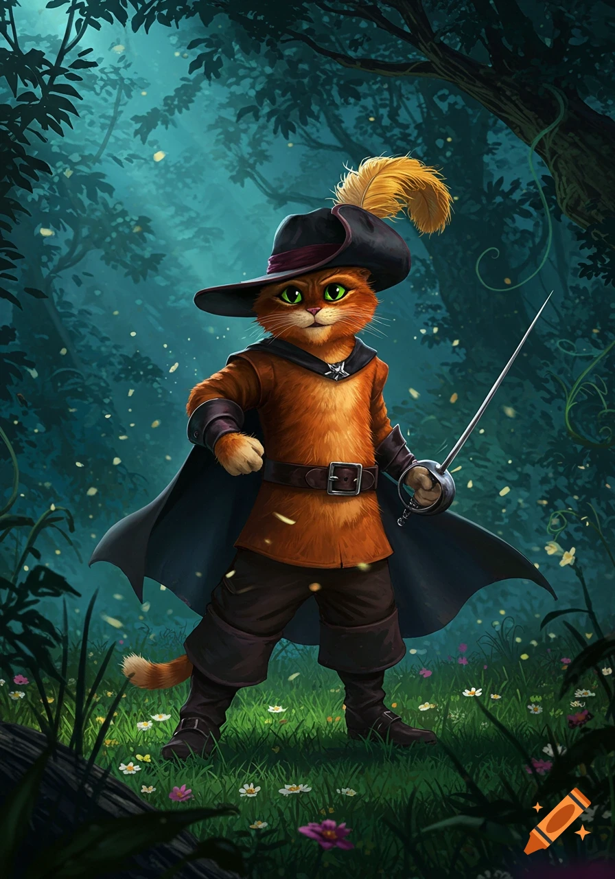 Puss in Boots, a cat in a hat with a feather and a cape, stands with a sword in a magical forest.