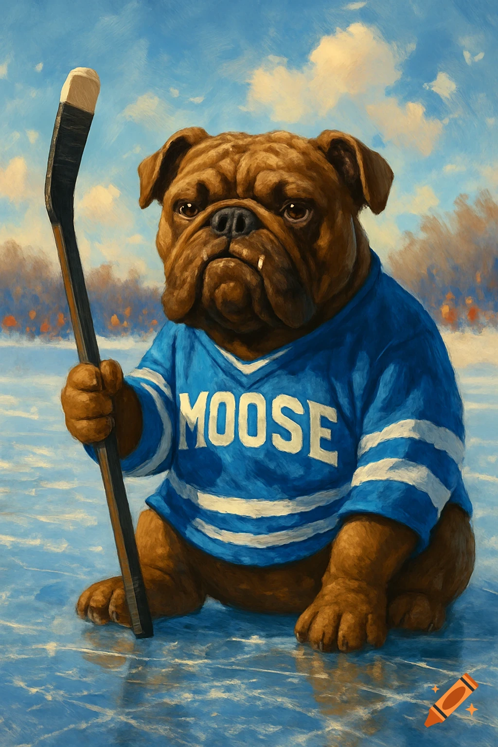 A brown bulldog in a blue hockey jersey with 'MOOSE' on it, holding a hockey stick on ice. Painted style.