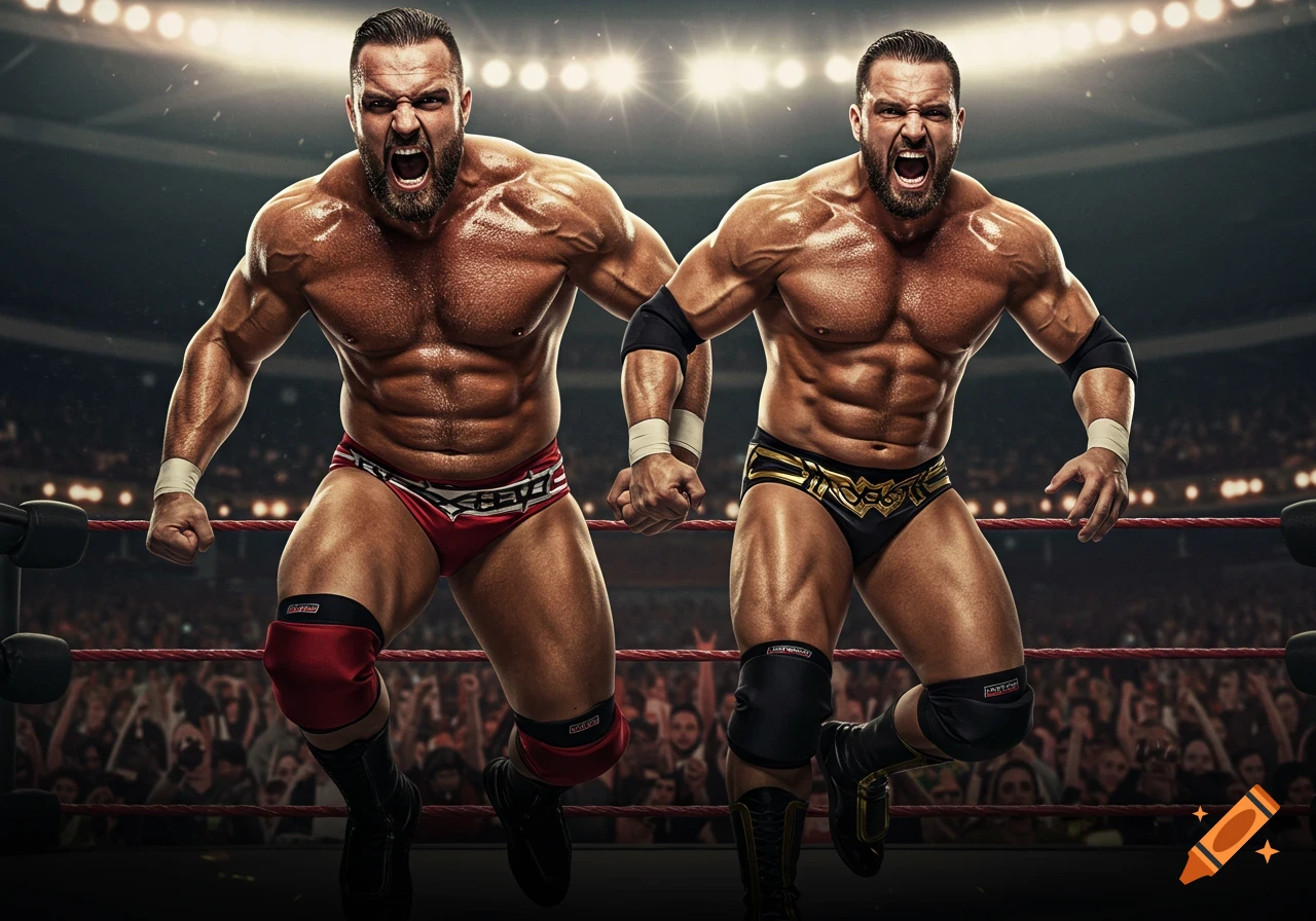 Two muscular professional wrestlers in a ring, one in red trunks and one in black, both roaring and ready for action in a brightly lit stadium.