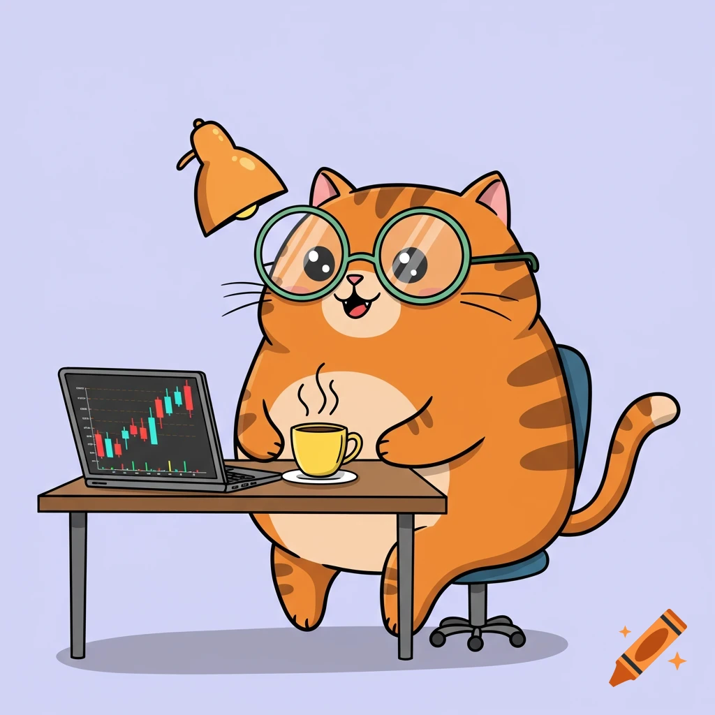 A cheerful cartoon orange tabby cat with round glasses sits at a desk with a laptop displaying a candlestick chart and a steaming coffee cup.