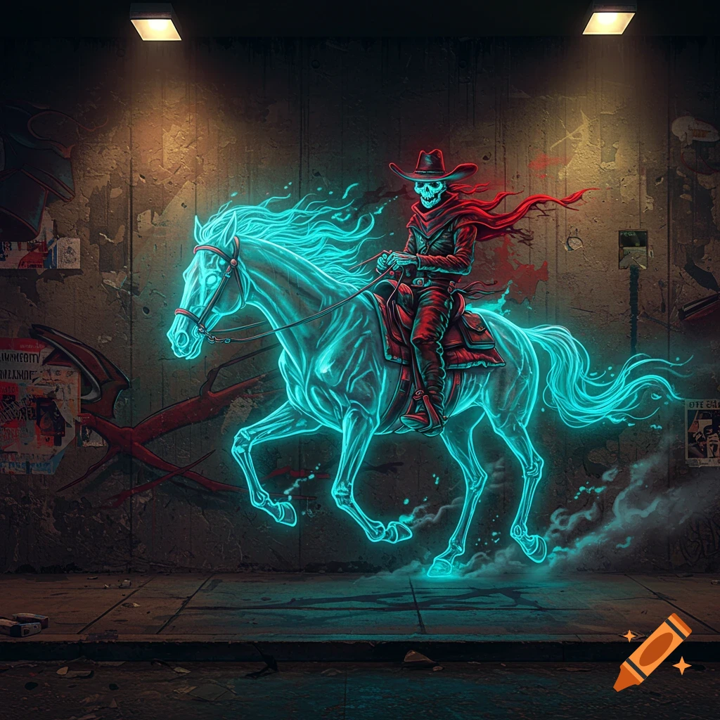A neon blue skeleton cowboy on a horse gallops across a dark, graffiti-covered urban wall.