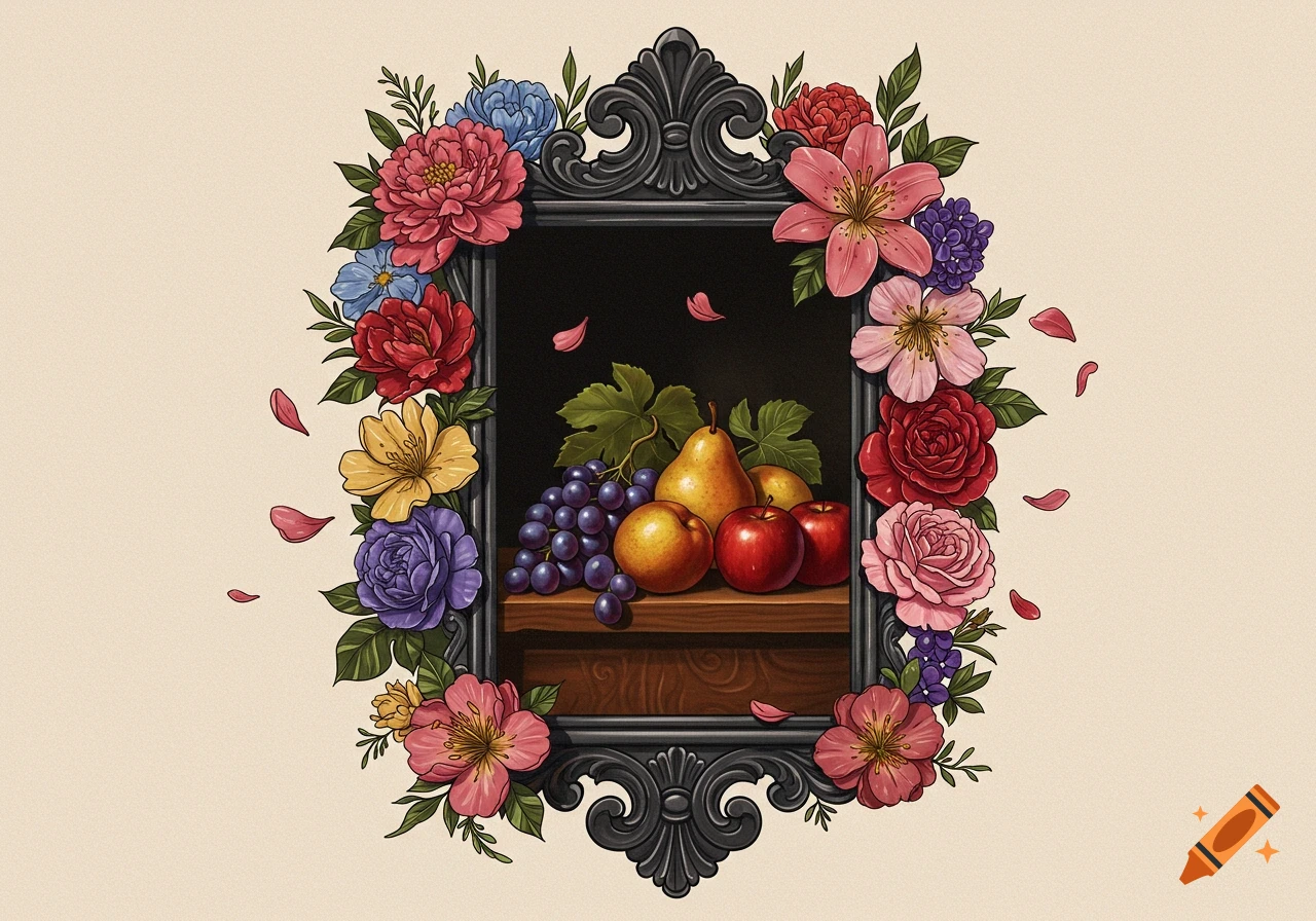 A colorful still life with grapes, pears, and apples inside an ornate black frame, surrounded by various vibrant flowers and falling petals.