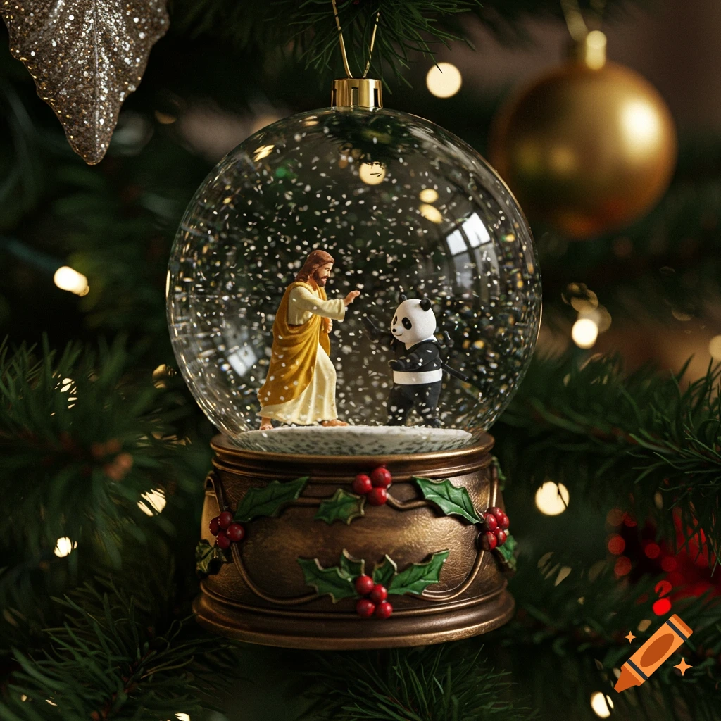 A close-up of a snow globe Christmas ornament hanging on a Christmas tree, with Jesus and a panda figurine inside amidst falling snow.