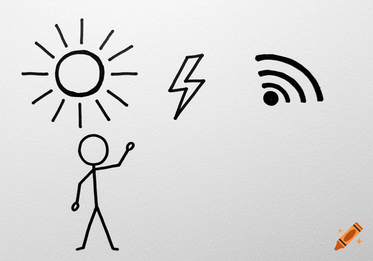 A black hand-drawn sketch on white paper shows a stick figure pointing up at a sun symbol, with a lightning bolt and wifi symbol to the right.