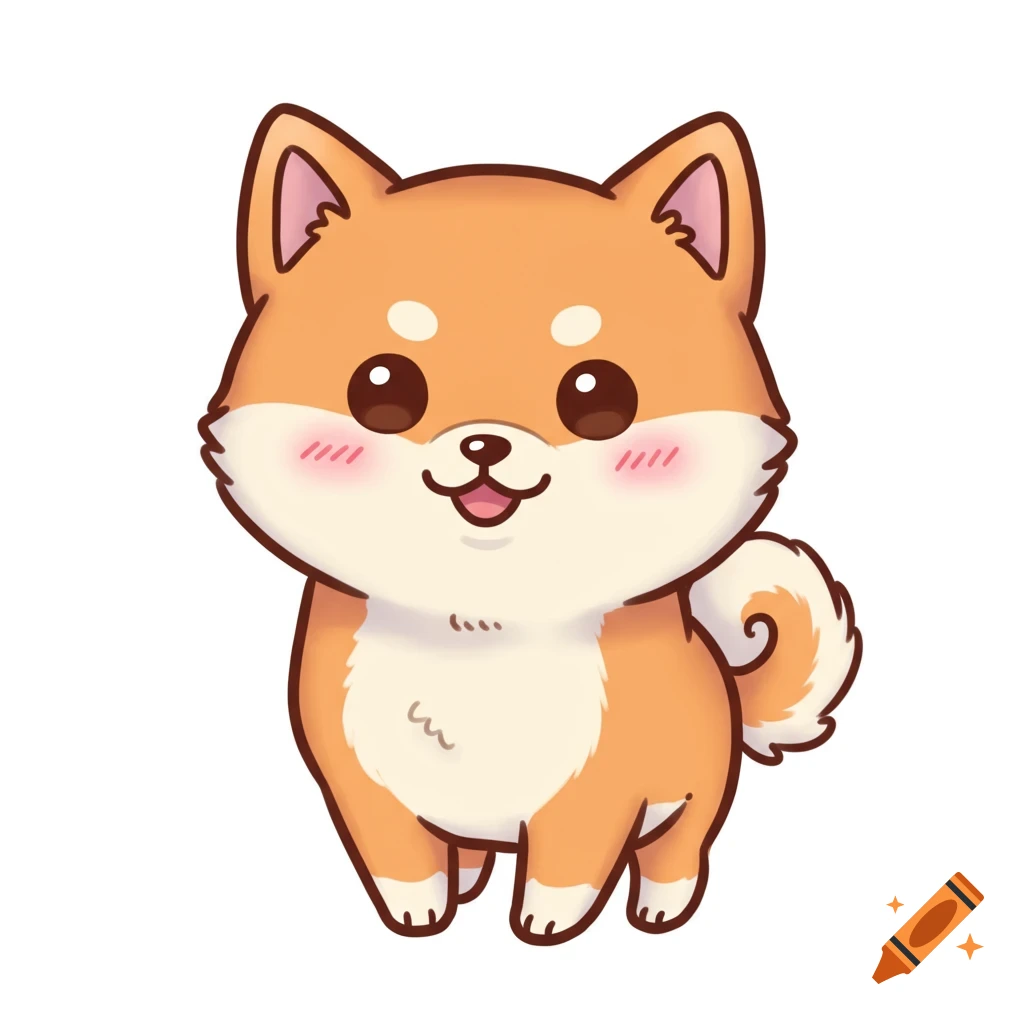 A cute, smiling Shiba Inu dog with orange and cream fur in a kawaii cartoon style on a white background.
