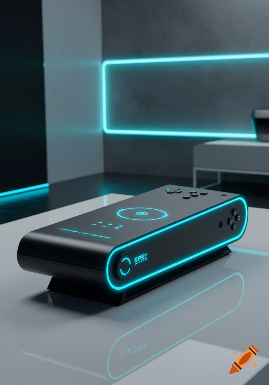 A sleek black futuristic gaming console with bright blue neon lights sits on a reflective surface in a minimalist room.
