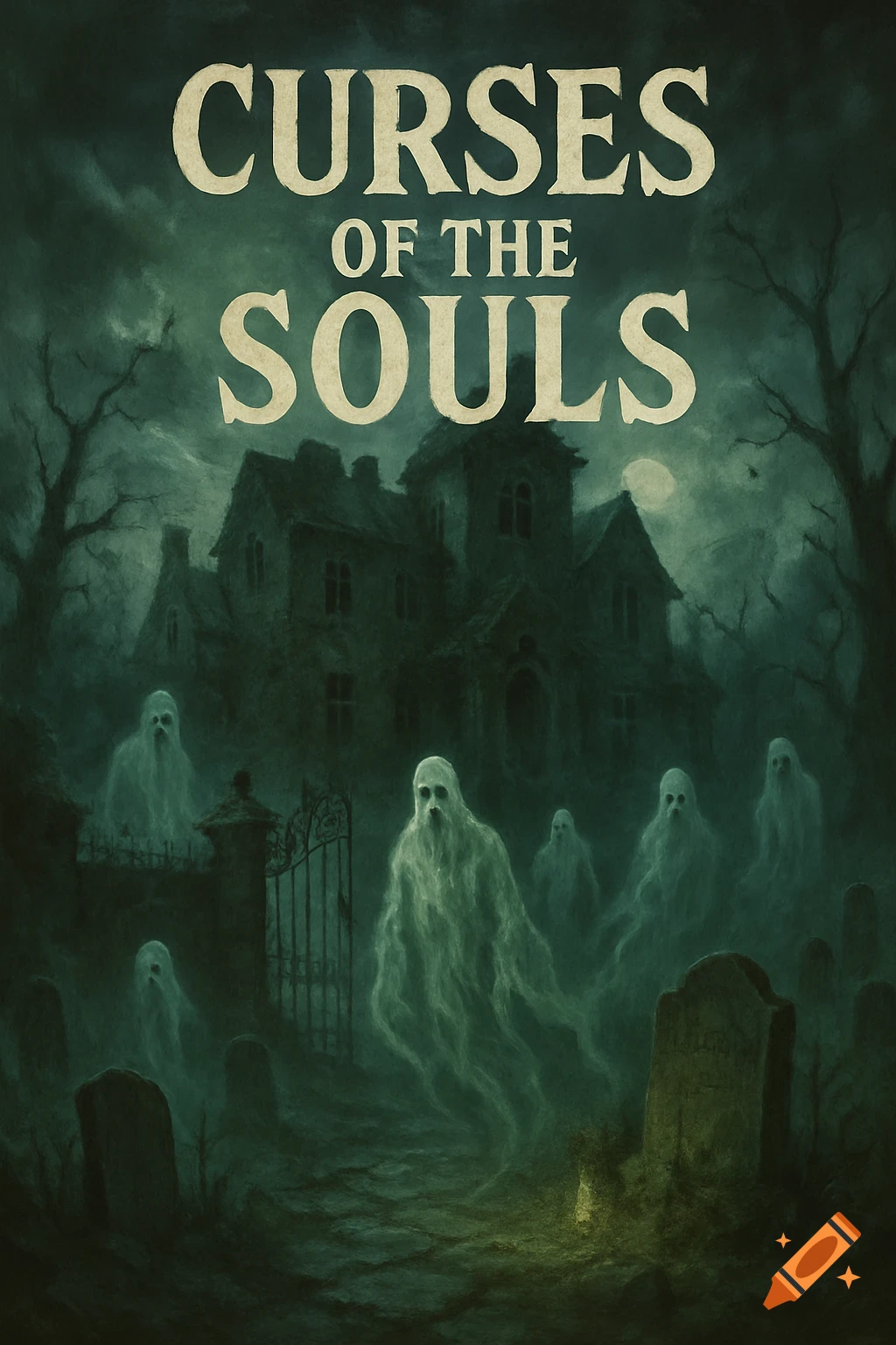 A dark, spooky painting of a haunted house and graveyard with numerous white, ghostly figures floating around, titled "CURSES OF THE SOULS" at the top.