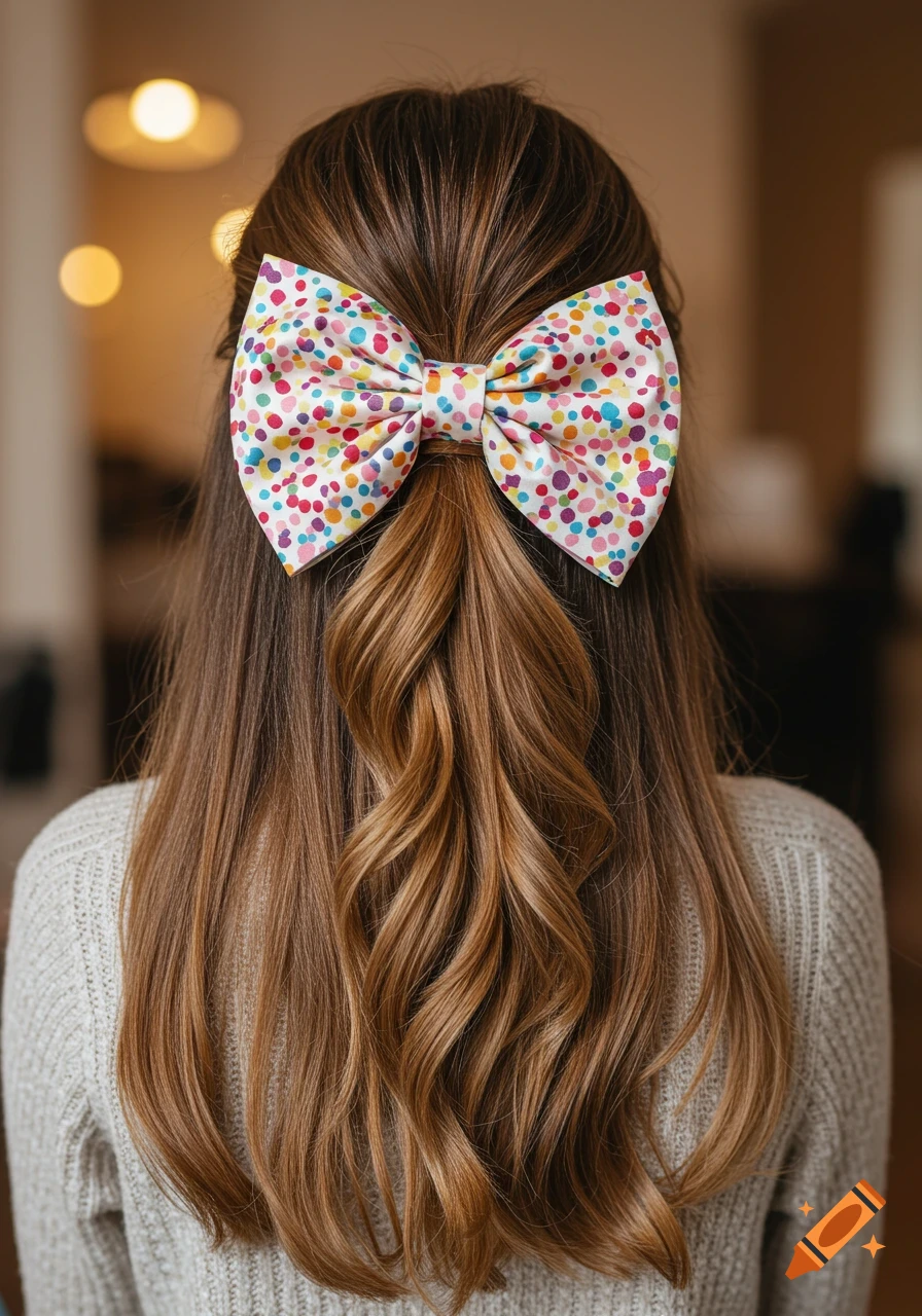 Back view of a person's head with long, wavy brown hair styled half-up, held by a large, colorful confetti-patterned bow.