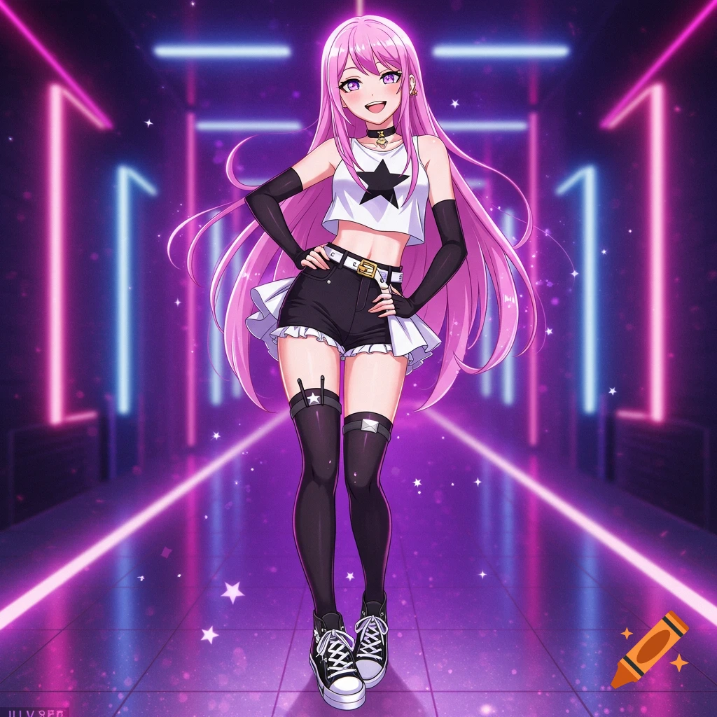 An anime girl with long pink hair and purple eyes, wearing a white crop top, black shorts, and stockings, stands in a neon-lit hallway.