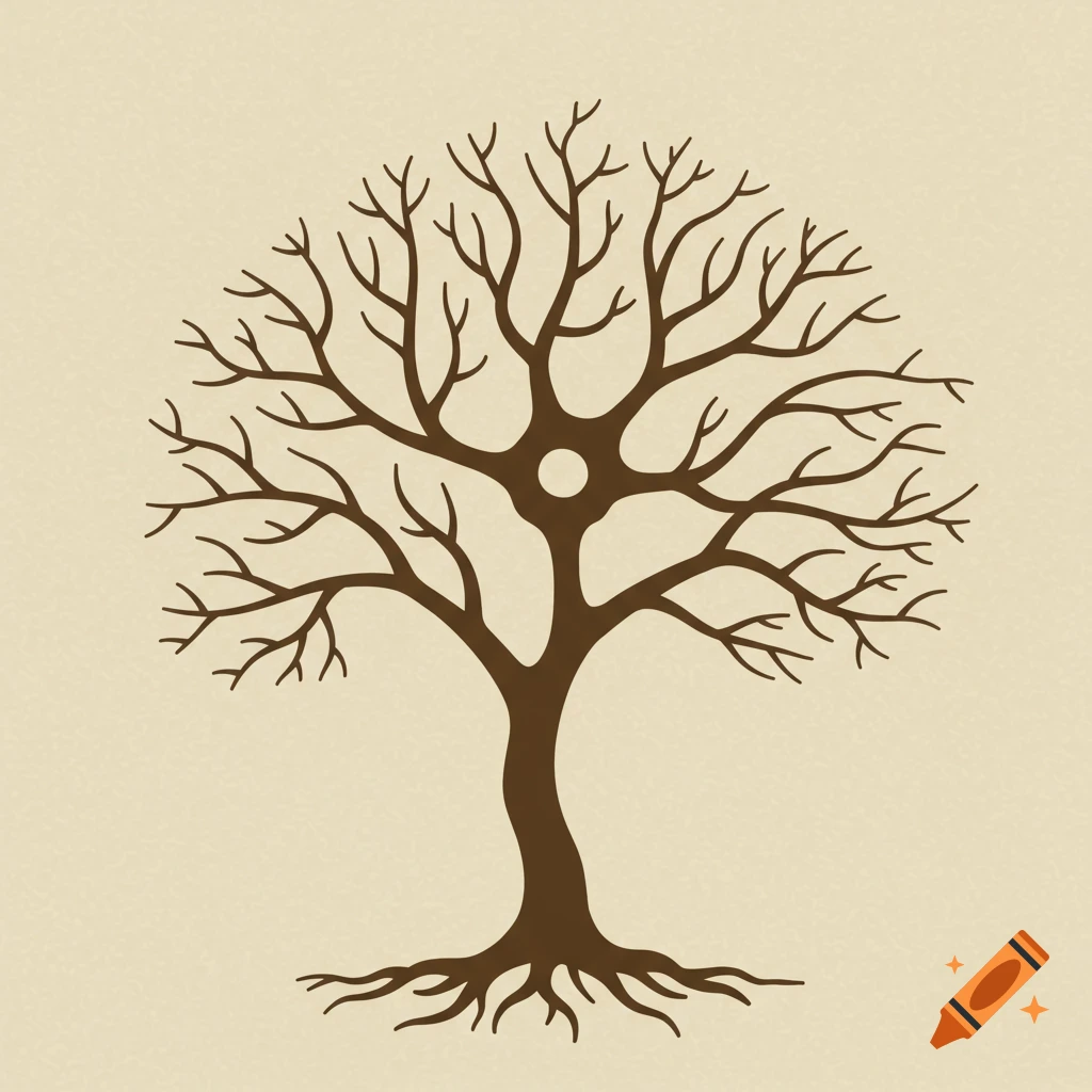 A brown, stylized tree resembling a human neuron, with bare branches and roots, on a light background.