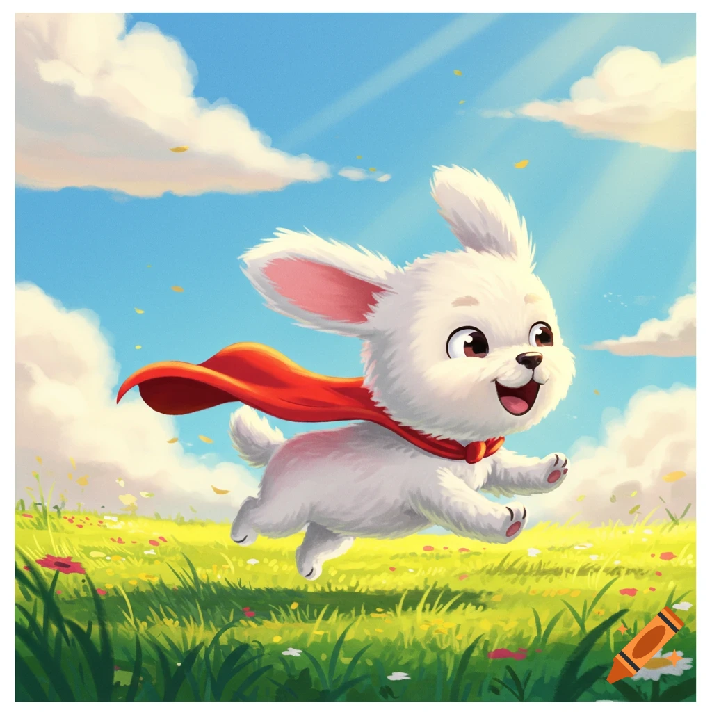 An animated fluffy white rabbit with a red cape jumps through a sunny green field under a blue sky.