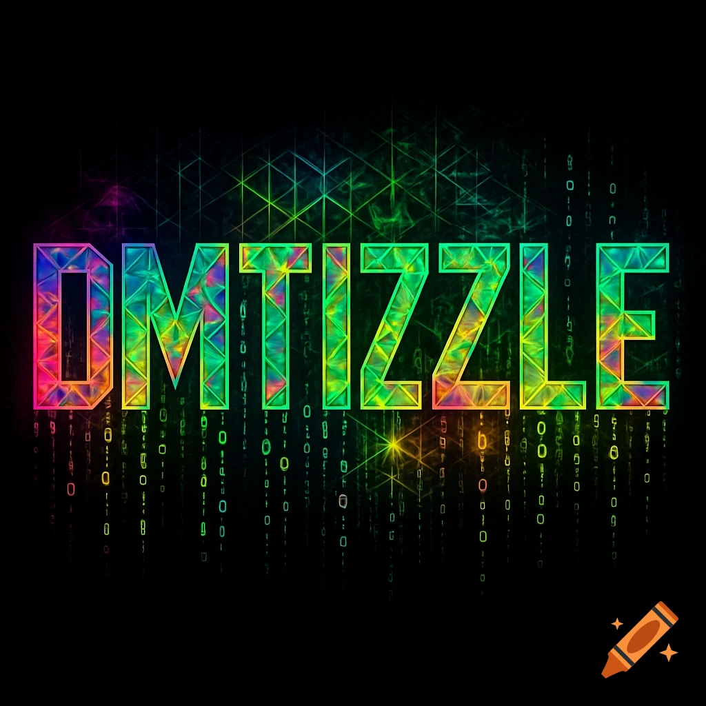 The word DMTIZZLE in vibrant, rainbow-colored geometric letters, set against a dark background with glowing green digital code.