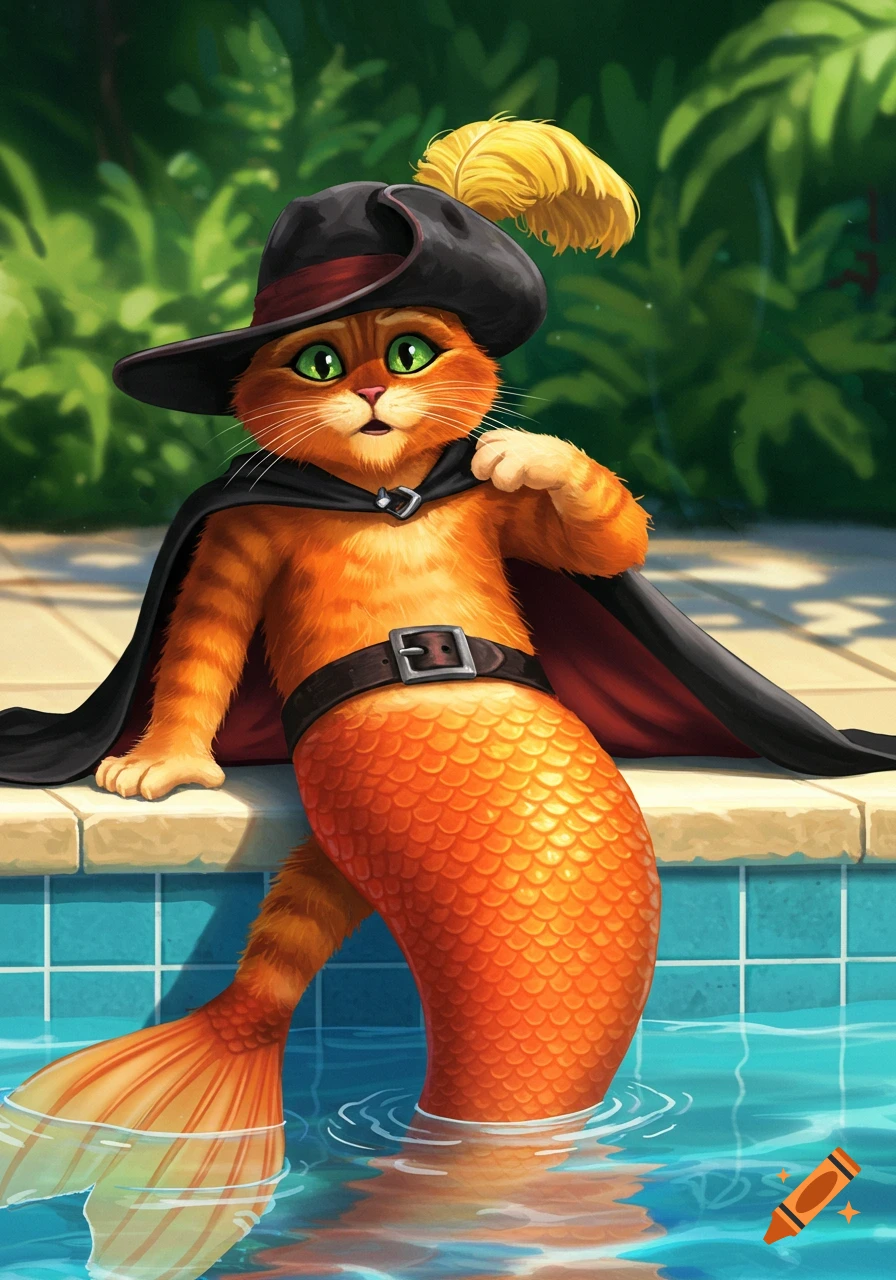Puss in Boots, wearing a hat and cape, sits by a pool with an orange mermaid tail, looking surprised.