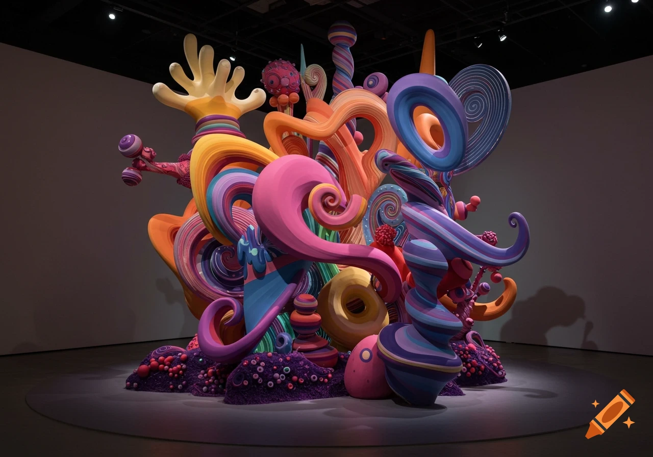 A vibrant, colorful abstract sculpture resembling a mix of organic and geometric shapes, including a hand-like form and numerous swirls, displayed in a museum setting.