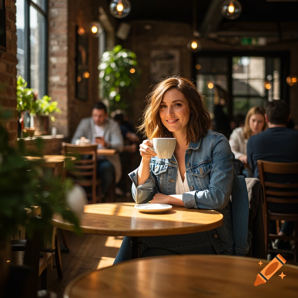 A smiling woman in a denim jacket holds a coffee cup at a wooden table in a sunlit cafe.