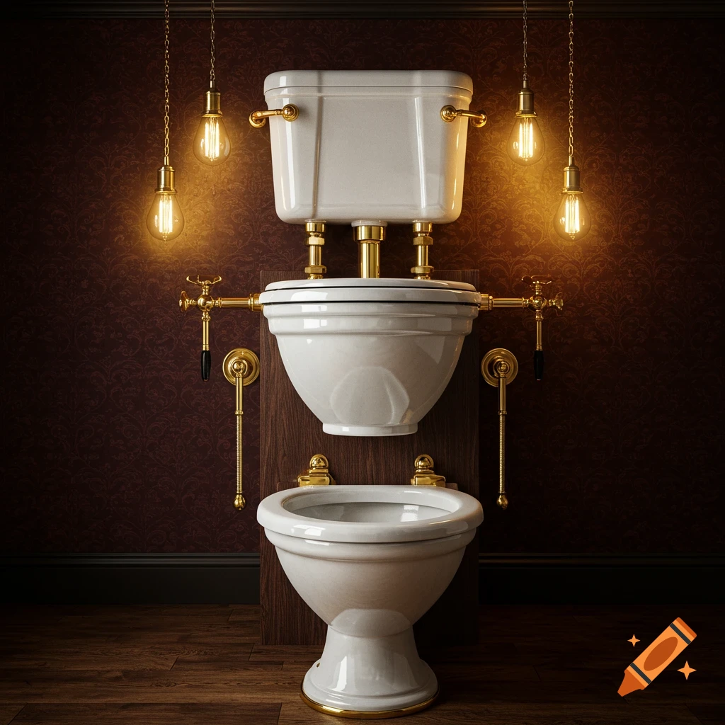 A steampunk-style double decker flush toilet with gold fixtures, set against a dark patterned wall with hanging Edison bulbs.