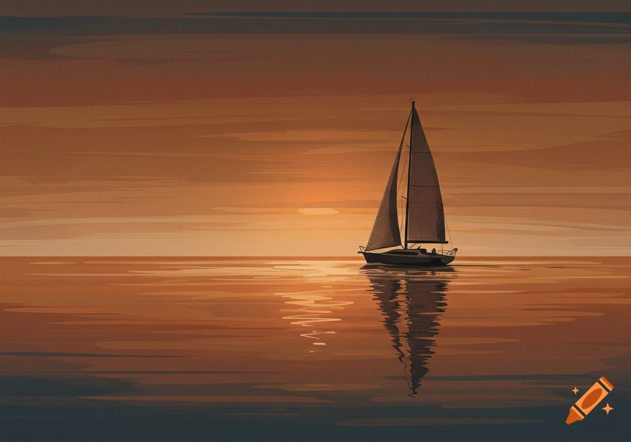 A stylized painting of a sailboat silhouetted against a golden sunset over the ocean, with its reflection visible on the water.