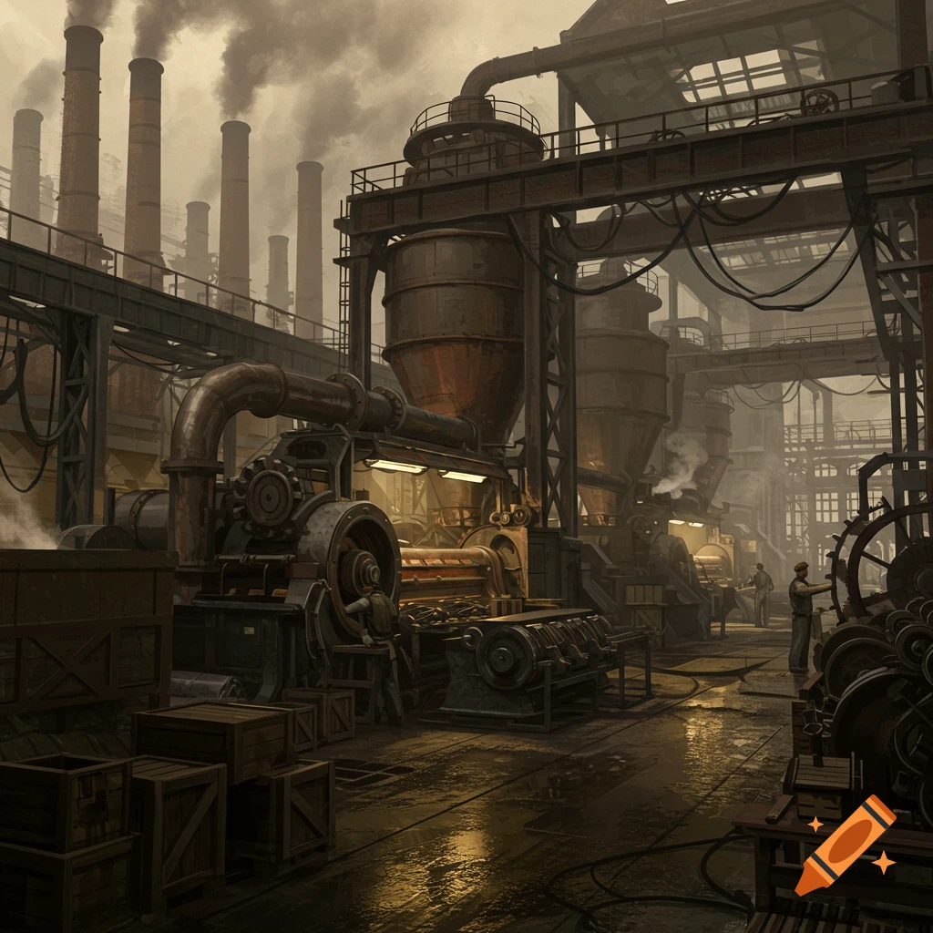 A dark, gritty industrial factory scene with large machinery, smoke stacks, and workers in a dimly lit, wet interior.