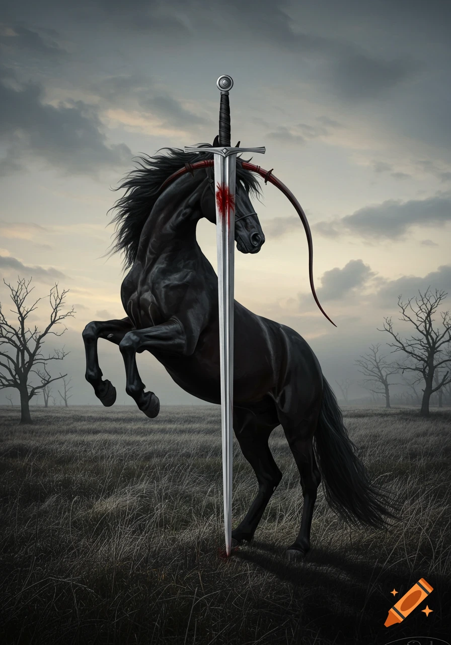 A black horse rears up in a barren field under a cloudy sky, a long sword piercing its head with blood on the blade. Dark fantasy art.