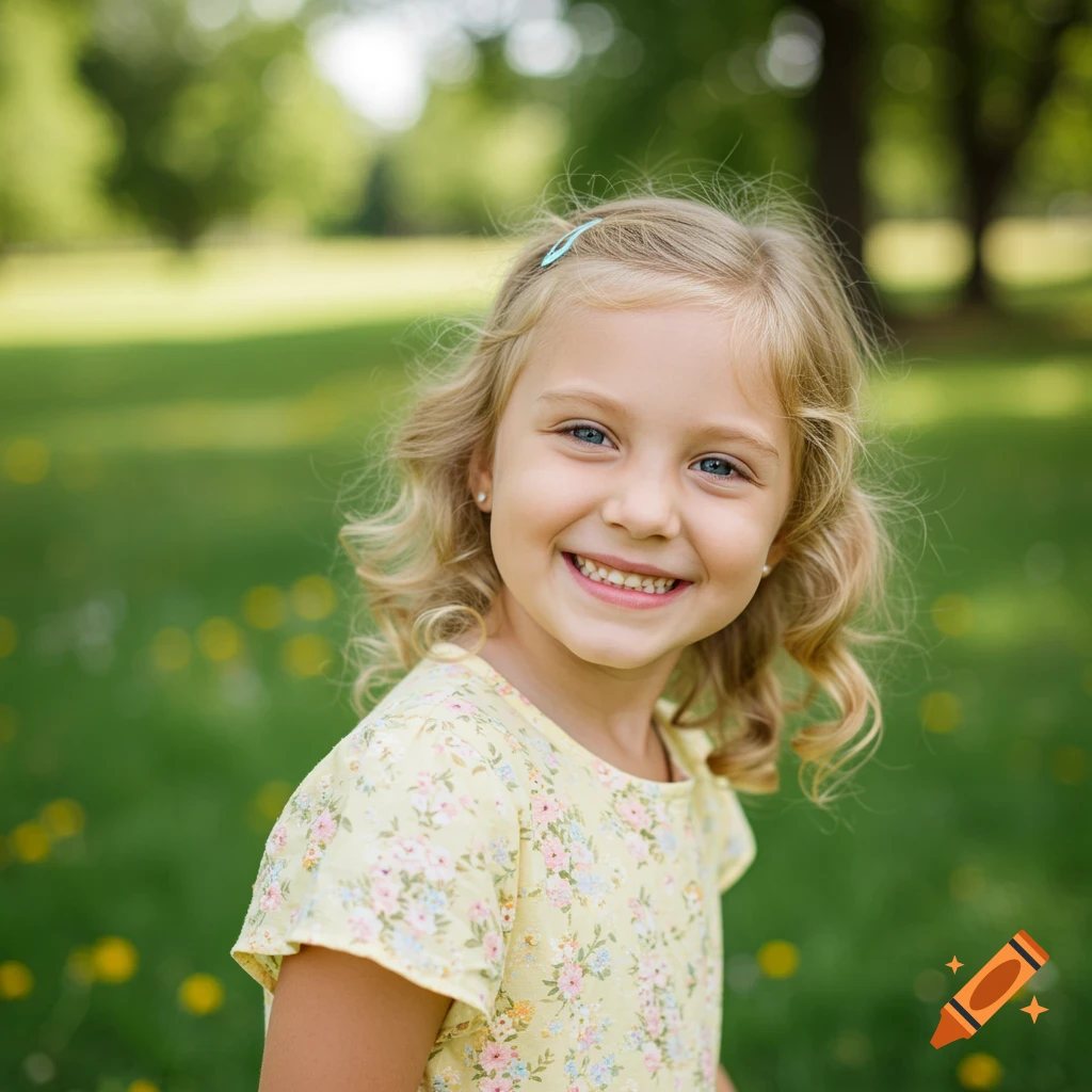 Photorealistic portrait of a smiling young blonde girl with blue eyes wearing a floral shirt in a park.