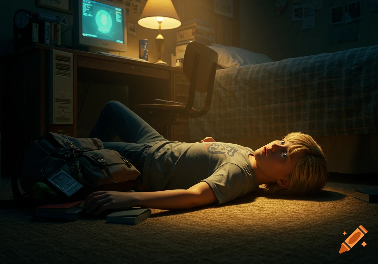 A blond high schooler lies on his bedroom floor in shock, looking up, with a backpack nearby and a computer on a desk.