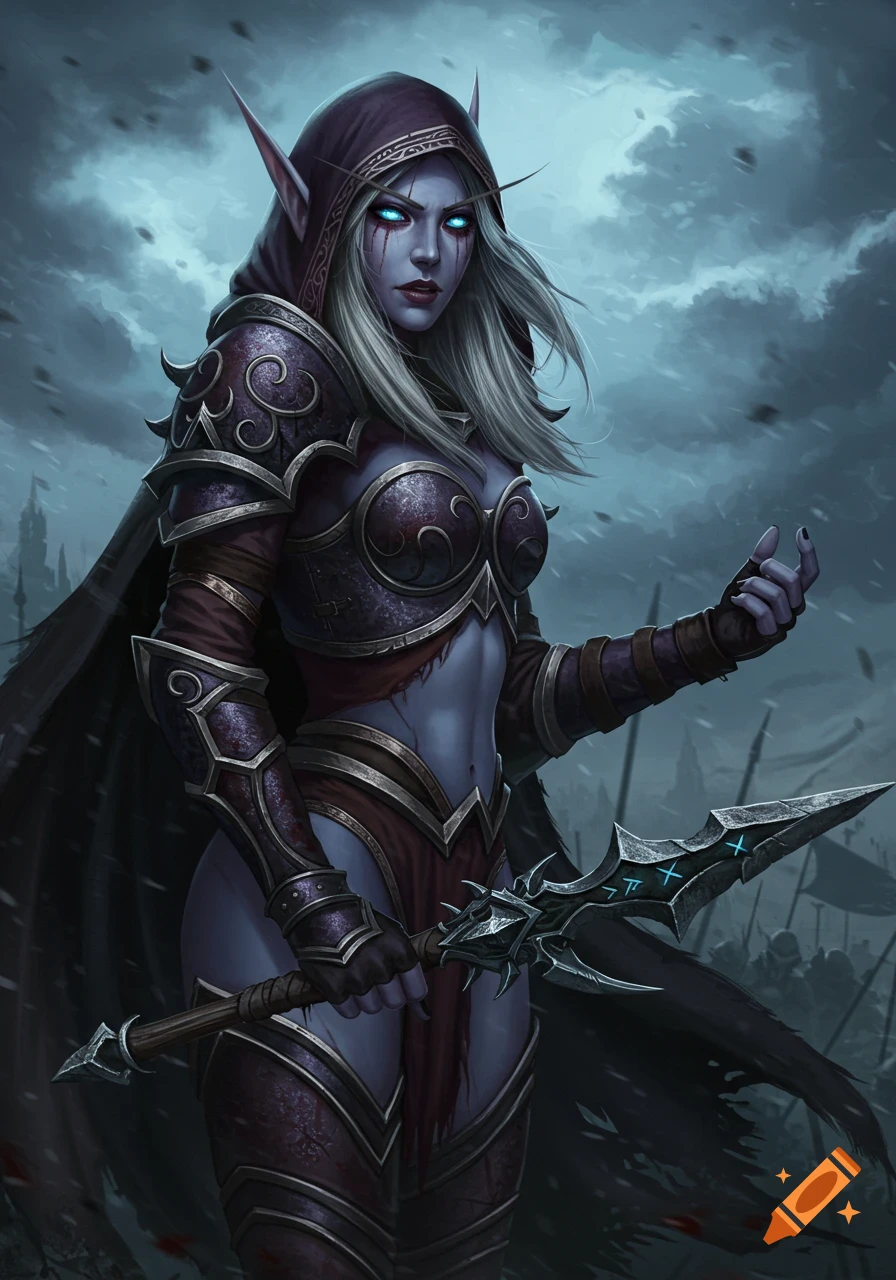 A hyperrealistic fantasy painting of Sylvanas Windrunner, an elf in dark armor holding a rune-inscribed glaive on a stormy battlefield.
