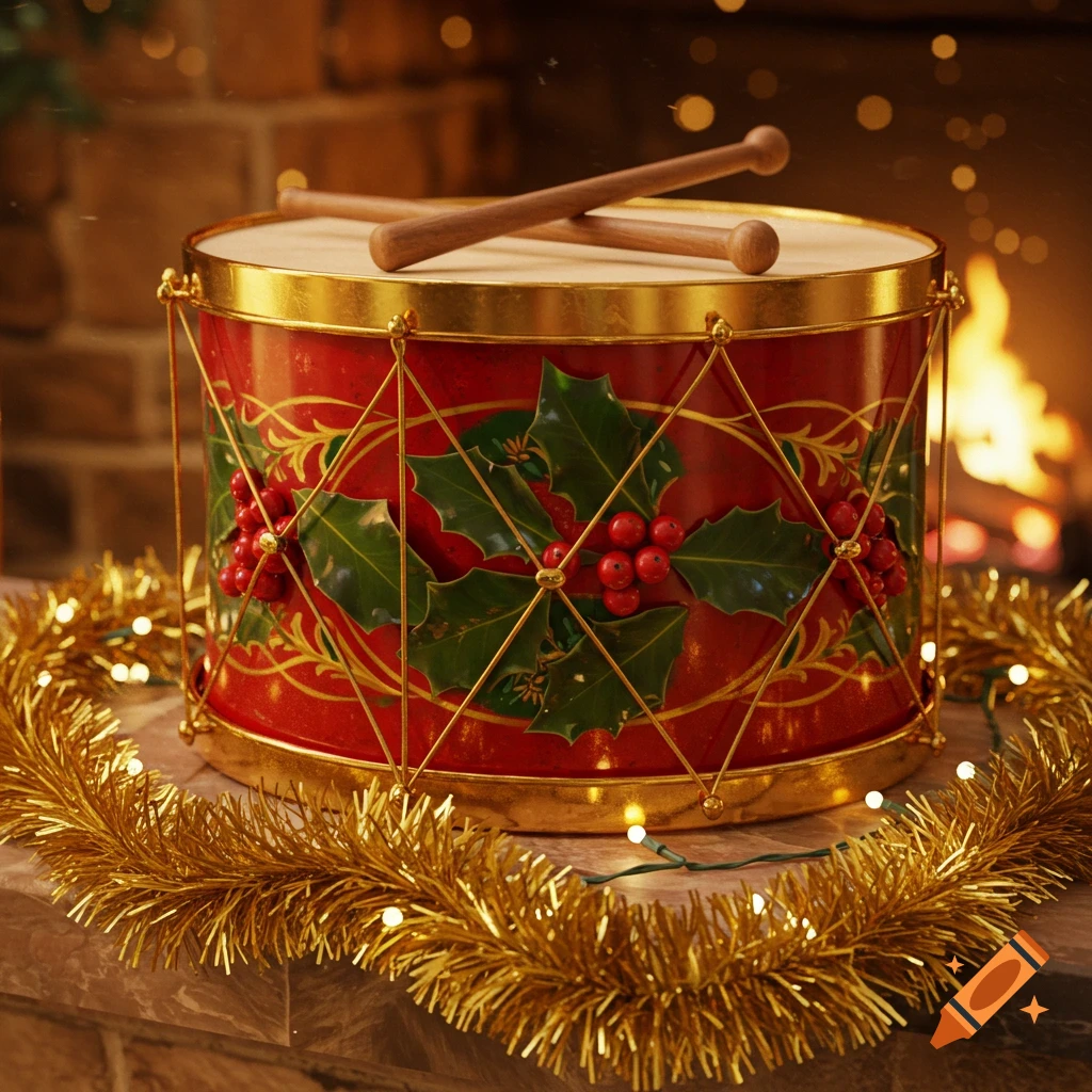 A vintage red Christmas drum with holly leaves and gold accents, surrounded by golden tinsel and lights, in front of a fireplace.
