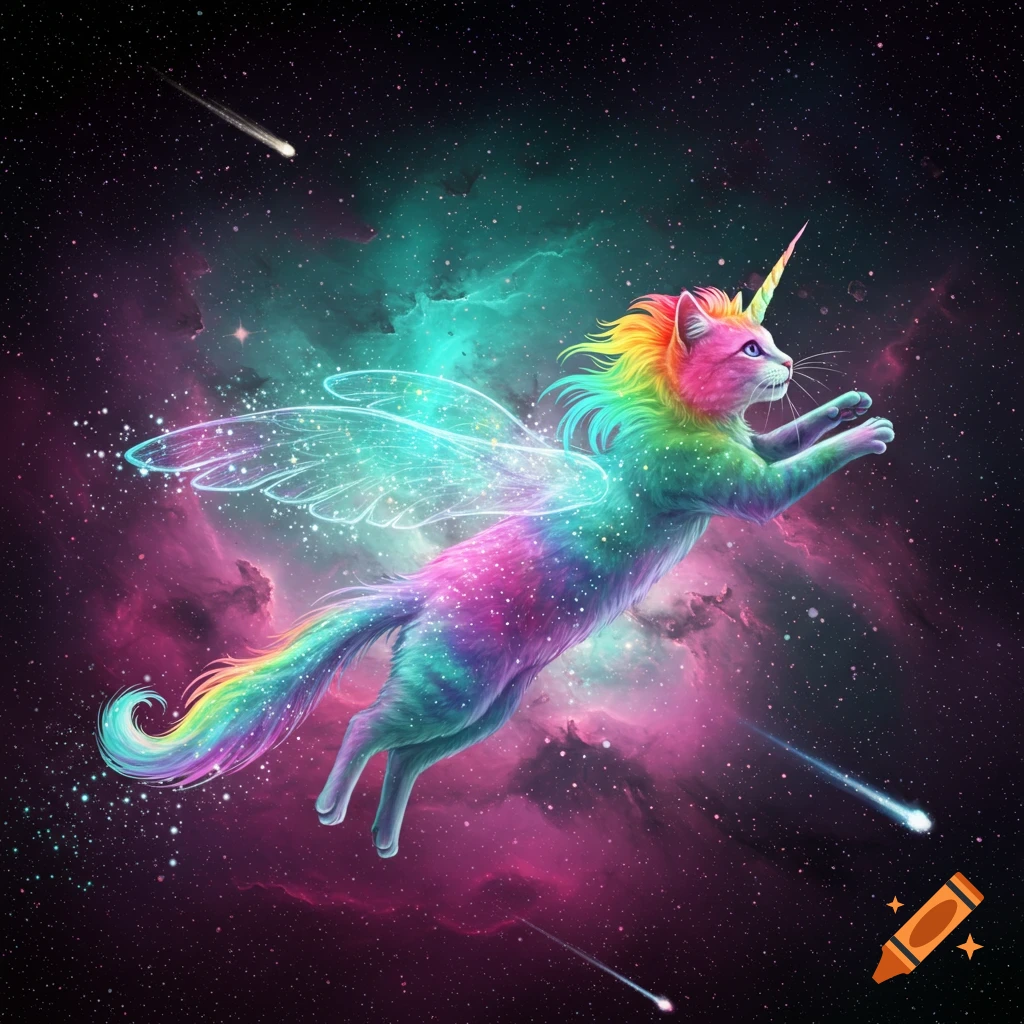 A vibrant, rainbow-colored unicorn cat with glowing wings flies through a starry space nebula.