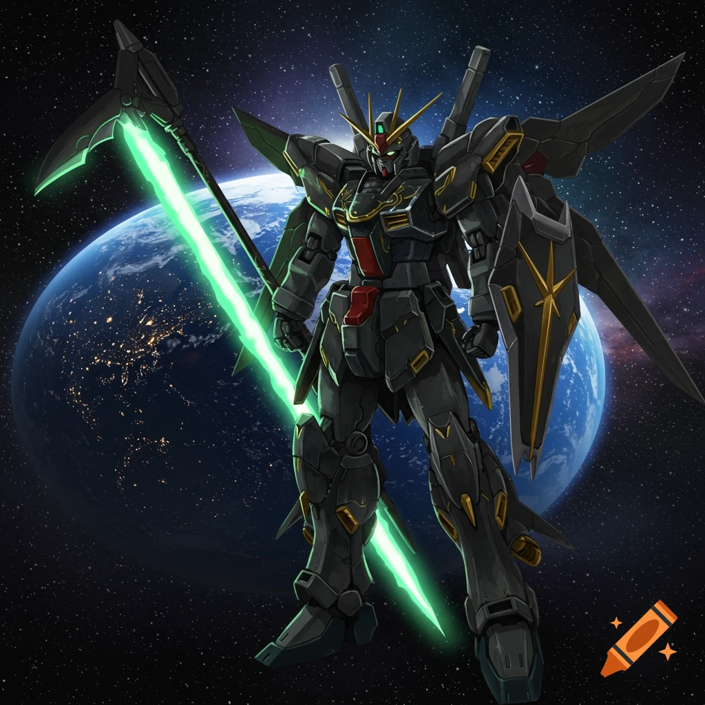 A dark grey and gold Gundam robot holding a glowing green scythe stands in space with Earth in the background.