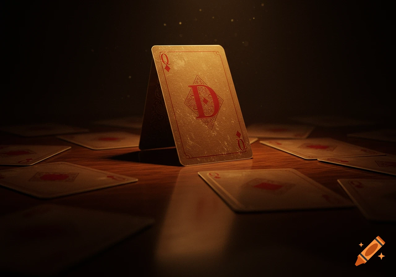 A spotlight illuminates a playing card with a large red 'D' and 'Q's, standing upright amidst other scattered cards on a wooden table in a dimly lit room.
