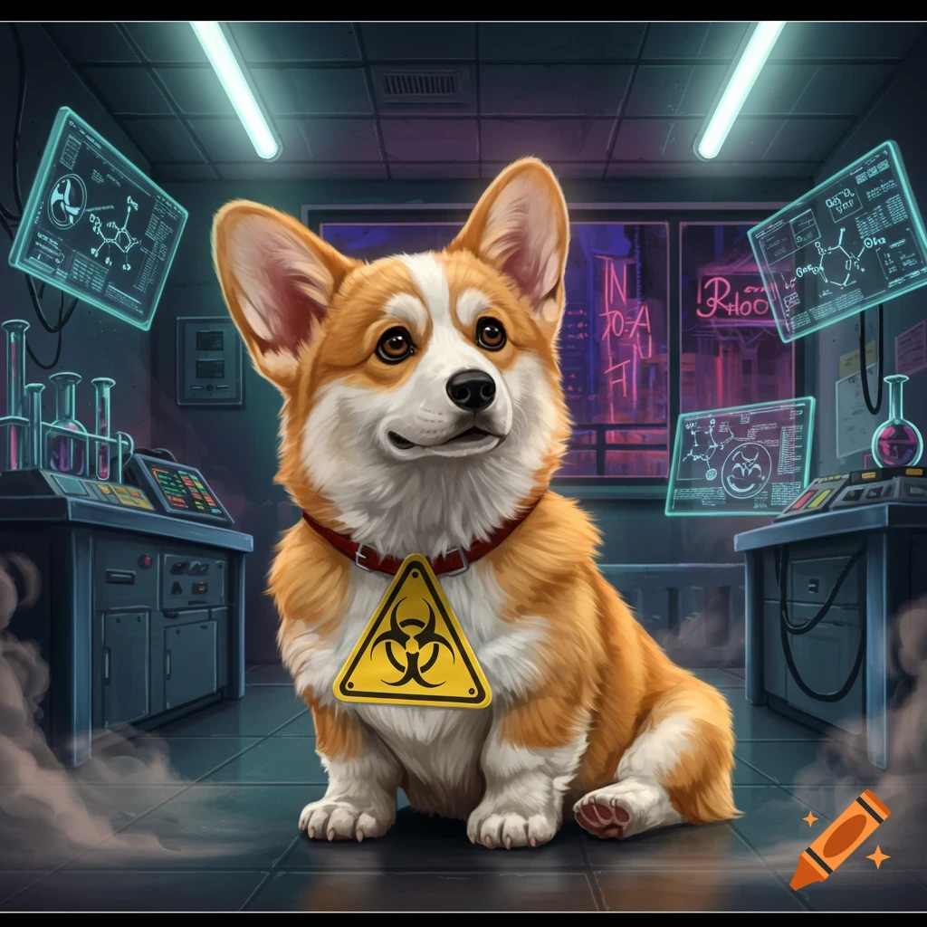 A cute corgi wearing a red collar with a yellow biohazard symbol, sitting in a glowing, futuristic laboratory surrounded by scientific equipment and screens.
