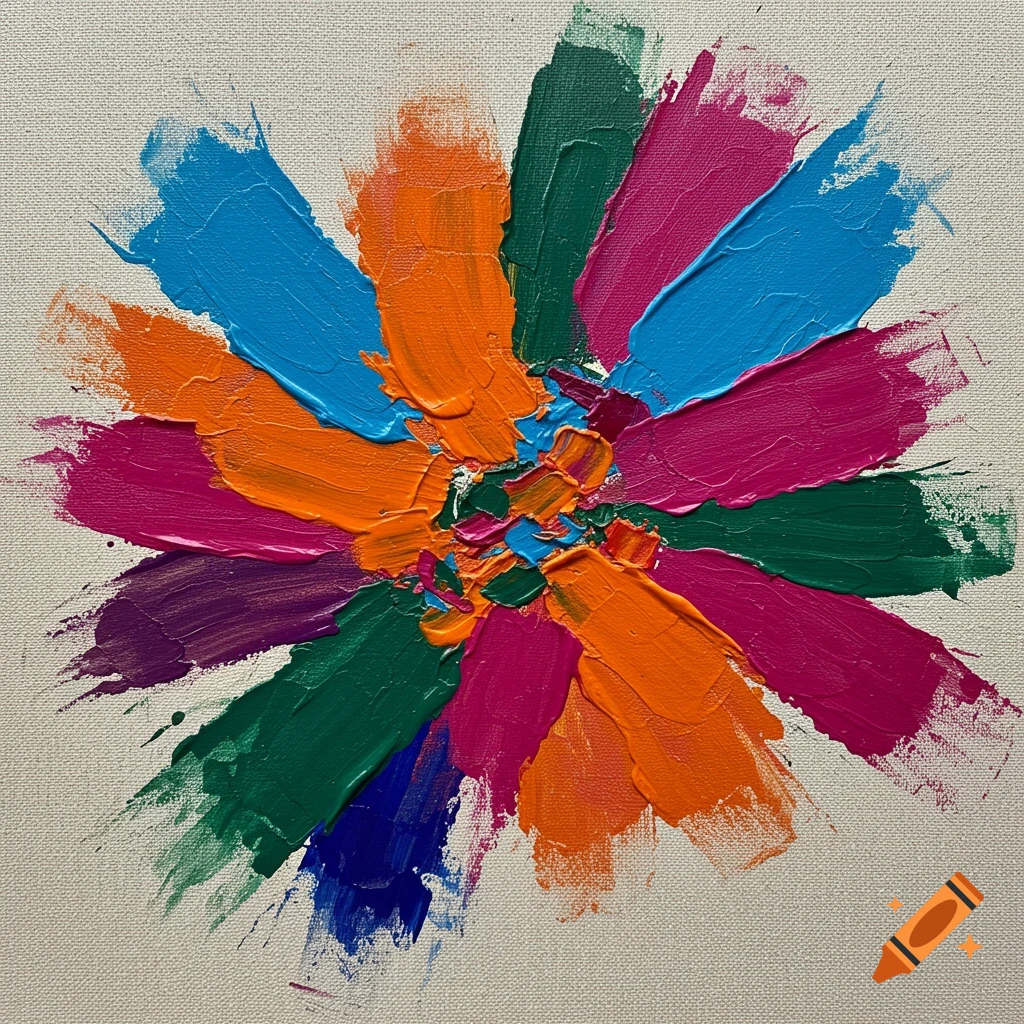 Abstract painting of a vibrant, multi-colored flower formed by thick paint strokes on a textured canvas.