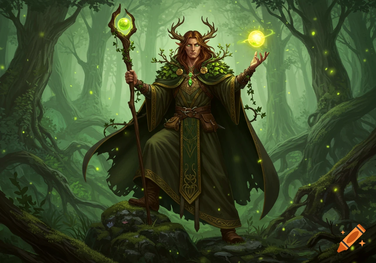 A male druid with antlers and a leafy cape, holding a glowing staff and conjuring an orb, stands in a mystical forest.