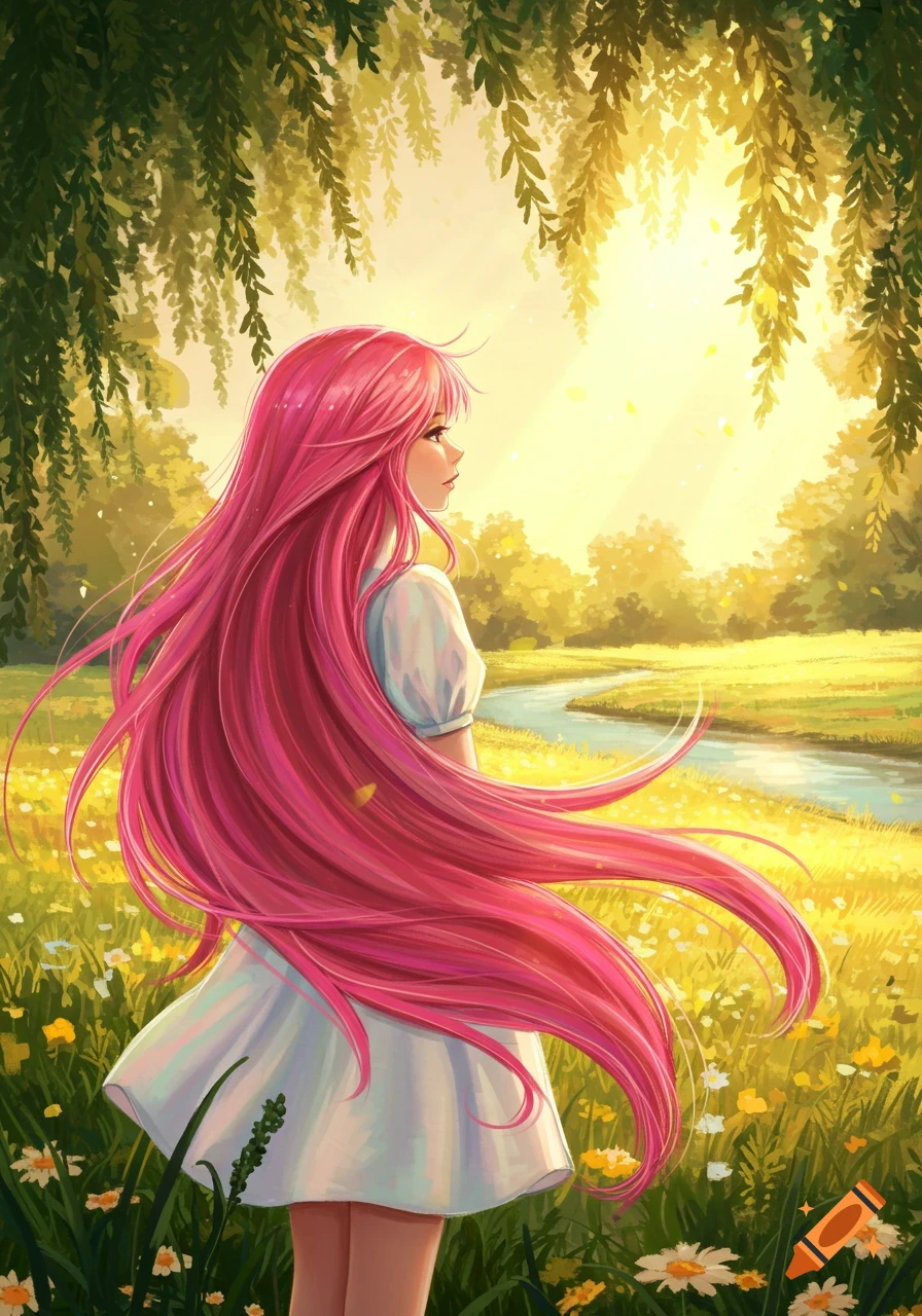 Anime girl with flowing pink hair in a white dress, standing in a sunny field with a river and hanging leaves.