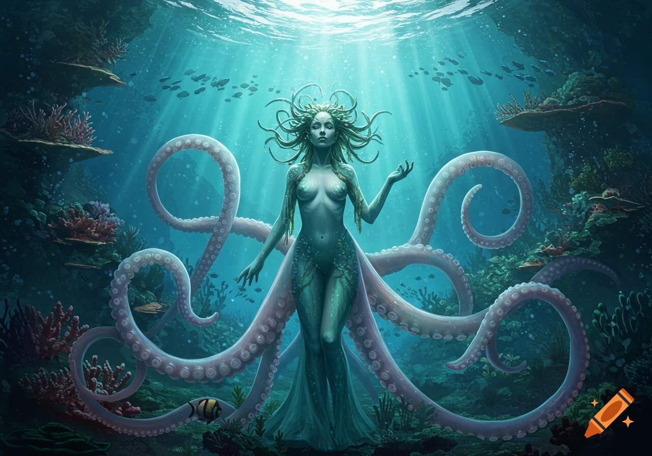 An octopus woman with green hair and tentacles for a lower body stands in a vibrant sunlit underwater scene.