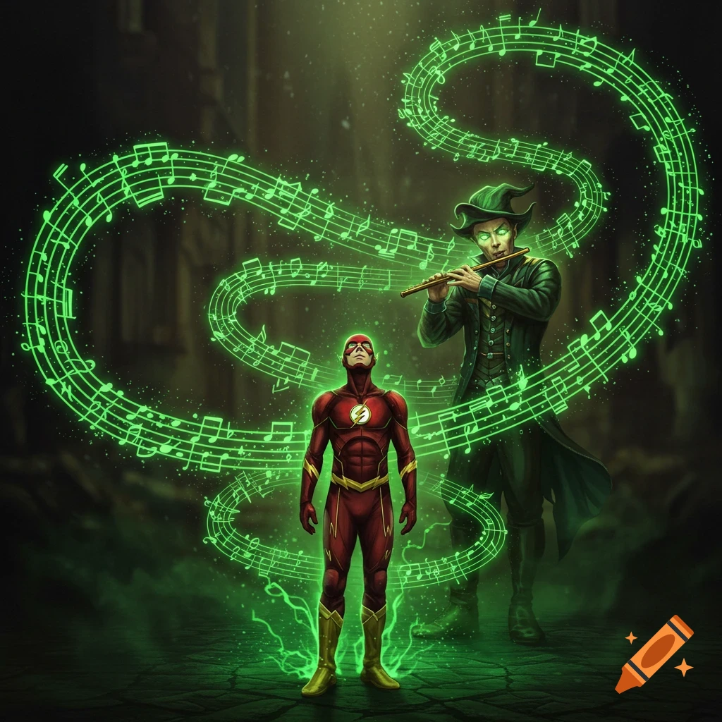 The Flash stands in a dark alley surrounded by glowing green musical notes, while the Pied Piper plays a flute, lulling him into a trance.