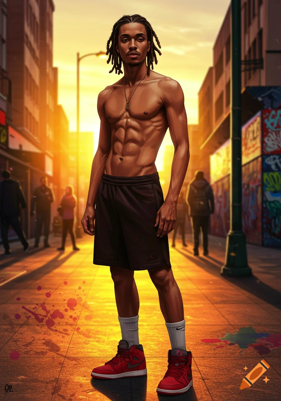 A muscular Black man with dreadlocks, wearing black shorts and red sneakers, stands on a sunlit city street with buildings and graffiti.